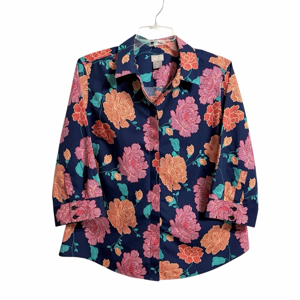 Chico's No Iron Floral Crisp Cotton Button Up Shirt L Petite Blue Bold Colorful